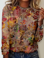Loose Long Sleeve Crew Neck Floral Casual Regular T-Shirt