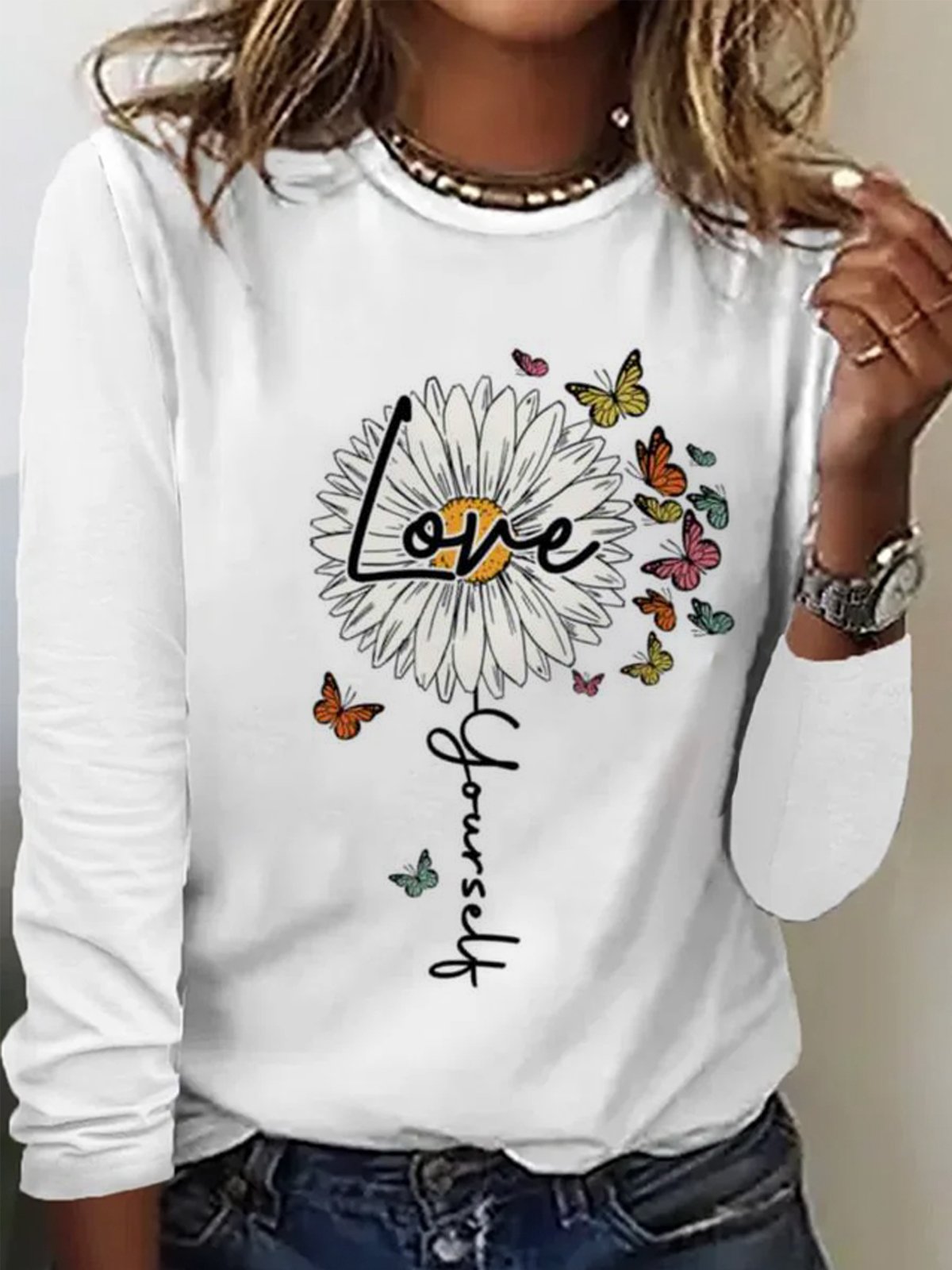 Casual Long Sleeve Crew Neck Floral Loose Regular T-Shirt