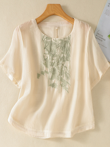 Casual Short Sleeve Shirt Collar Plain Embroidery Loose Regular Blouse