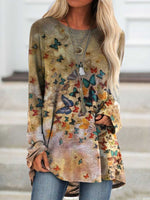 Long Sleeve Crew Neck Patchwork Casual Mid-Long Blouse