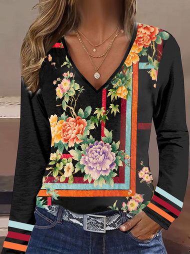 Casual Long Sleeve V Neck Striped Floral Loose Regular T-Shirt