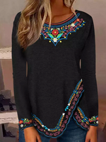 Loose Long Sleeve Crew Neck Ethnic Casual Mid-Long Blouse
