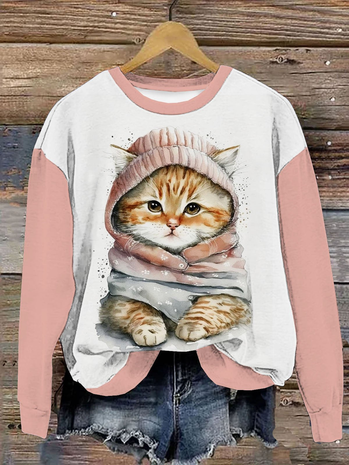 Casual Long Sleeve Crew Neck Cat Loose Regular Sweatshirt