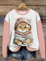 Casual Long Sleeve Crew Neck Cat Loose Regular Sweatshirt