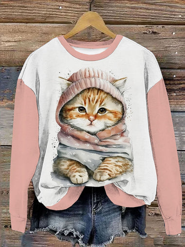 Casual Long Sleeve Crew Neck Cat Loose Regular Sweatshirt