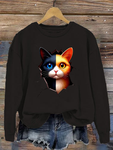 Casual Long Sleeve Crew Neck Cat Loose Regular Sweatshirt