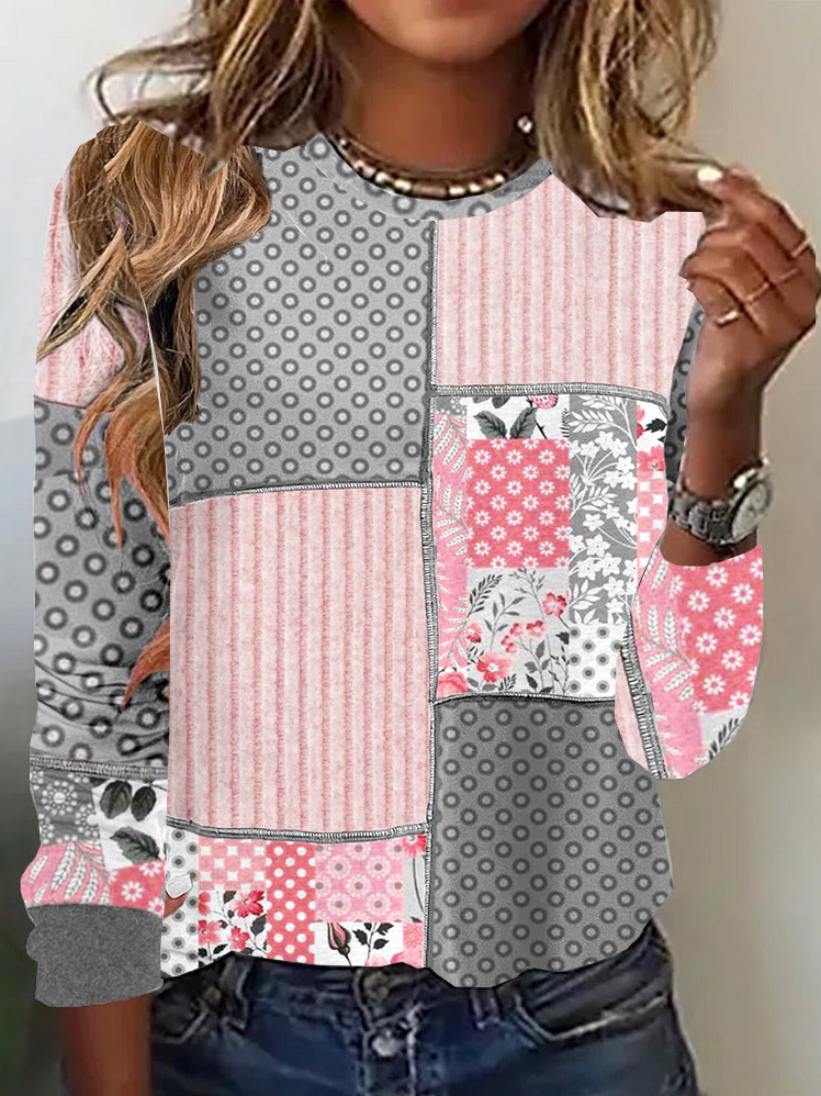 Loose Long Sleeve Crew Neck Geometric Casual Regular T-Shirt