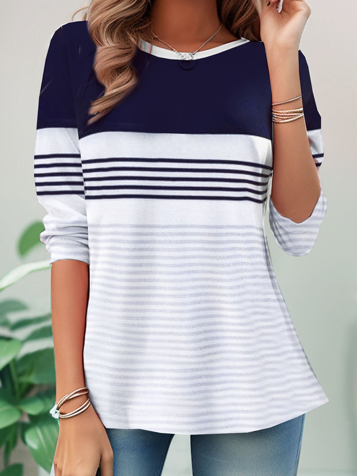 Casual Long Sleeve Crew Neck Striped Loose Regular T-Shirt