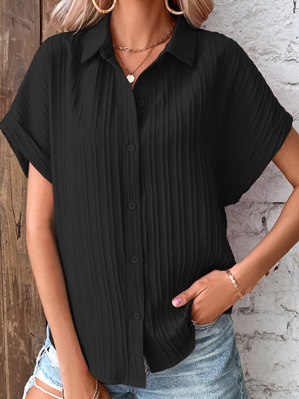 Loose Short Sleeve Shirt Collar Plain Casual Regular Blouse