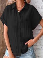 Loose Short Sleeve Shirt Collar Plain Casual Regular Blouse