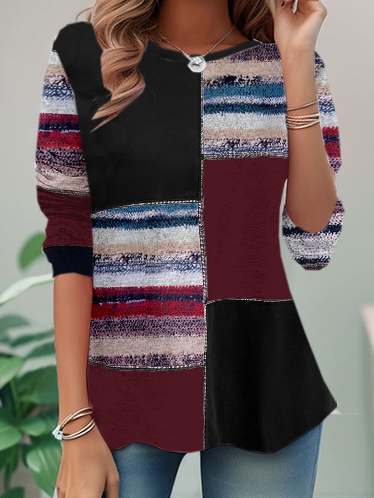 Loose Long Sleeve Crew Neck Geometric Casual Regular T-Shirt