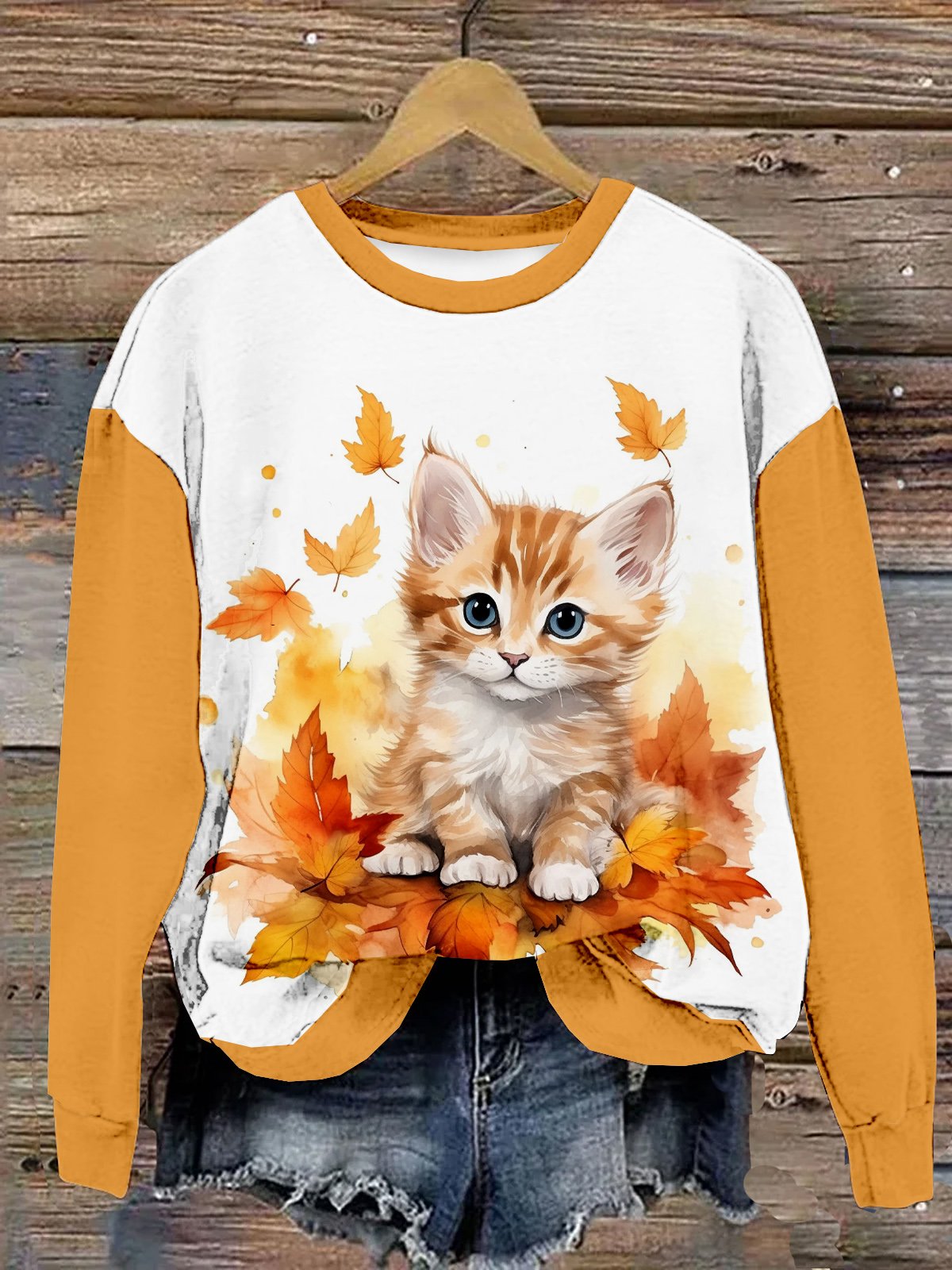 Casual Long Sleeve Crew Neck Cat Loose Regular Sweatshirt