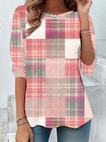 Loose Long Sleeve Crew Neck Plaid Casual Regular T-Shirt