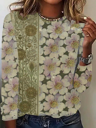 Casual Long Sleeve Crew Neck Floral Loose Regular T-Shirt