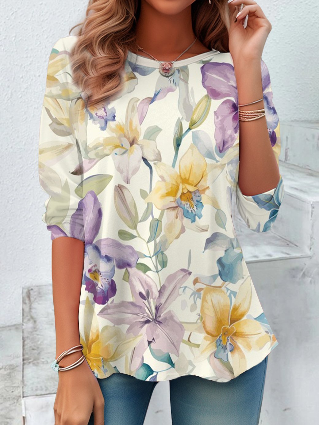 Casual Long Sleeve Crew Neck Floral Loose Regular Blouse