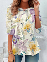 Casual Long Sleeve Crew Neck Floral Loose Regular Blouse