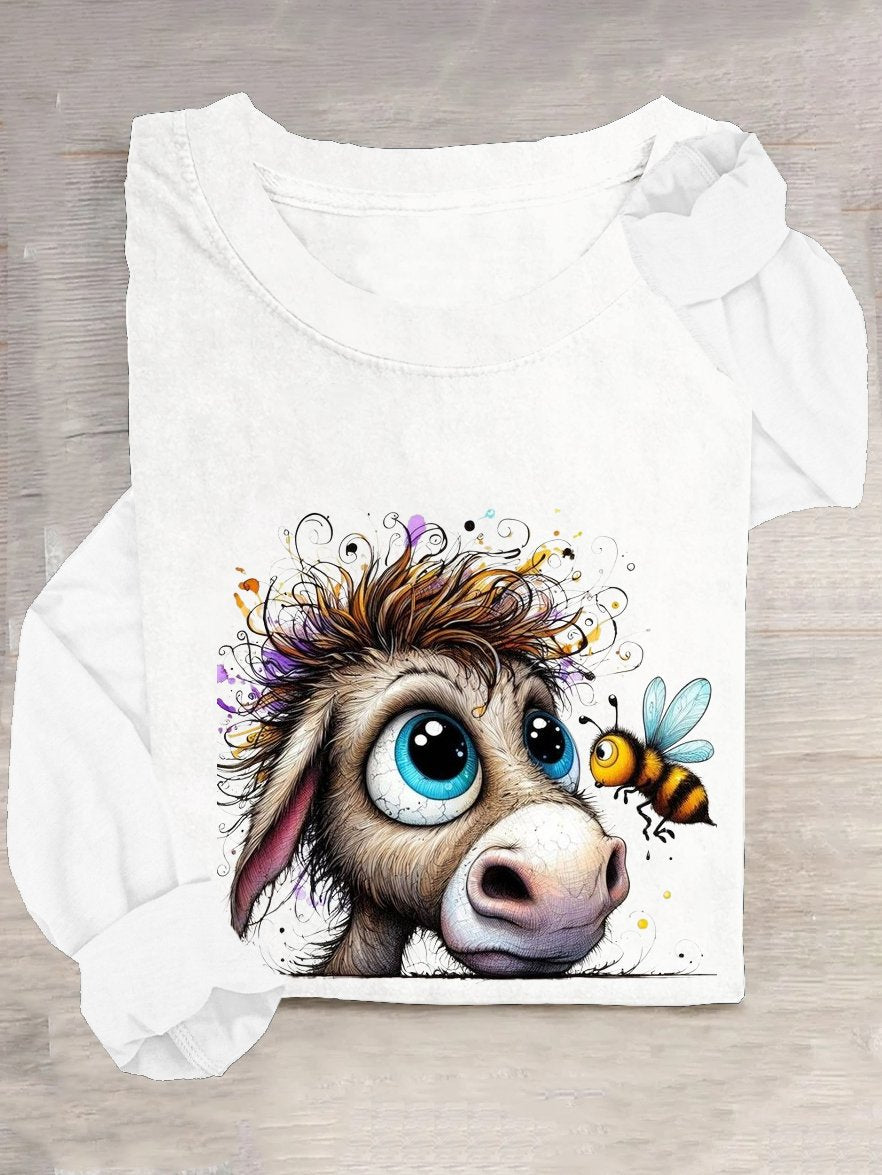 Loose Long Sleeve Crew Neck Animal Casual Regular T-Shirt