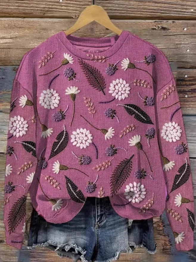 Casual Long Sleeve Crew Neck Geometric Floral Loose Regular Sweatshirt