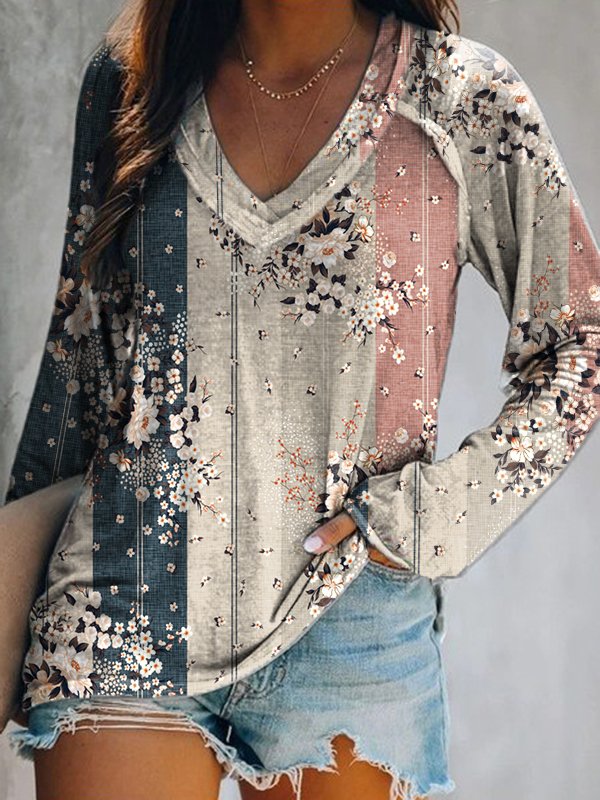 Loose Long Sleeve V Neck Floral Casual Regular T-Shirt