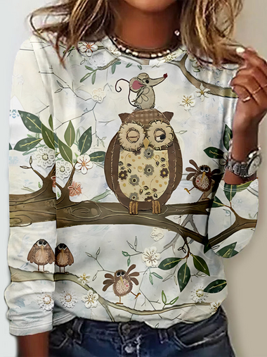 Loose Long Sleeve Crew Neck Ethnic Casual Regular T-Shirt