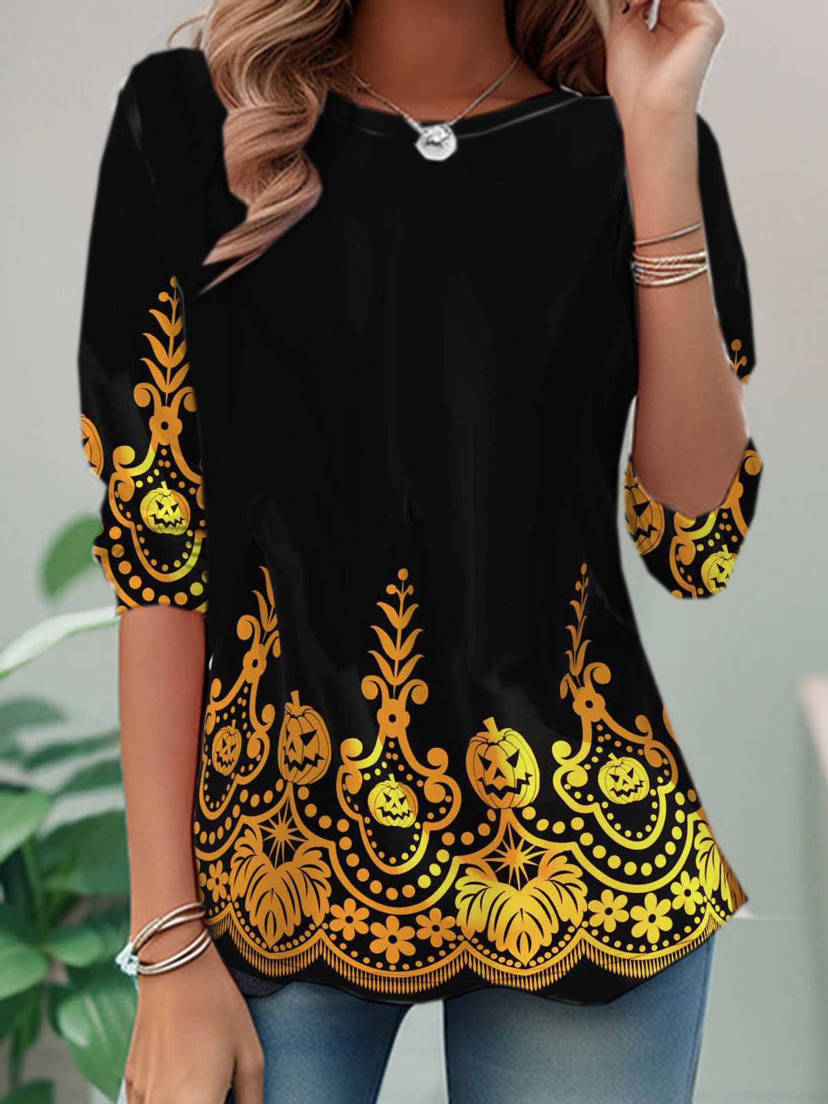 Loose Long Sleeve Crew Neck Leaf Casual Regular T-Shirt