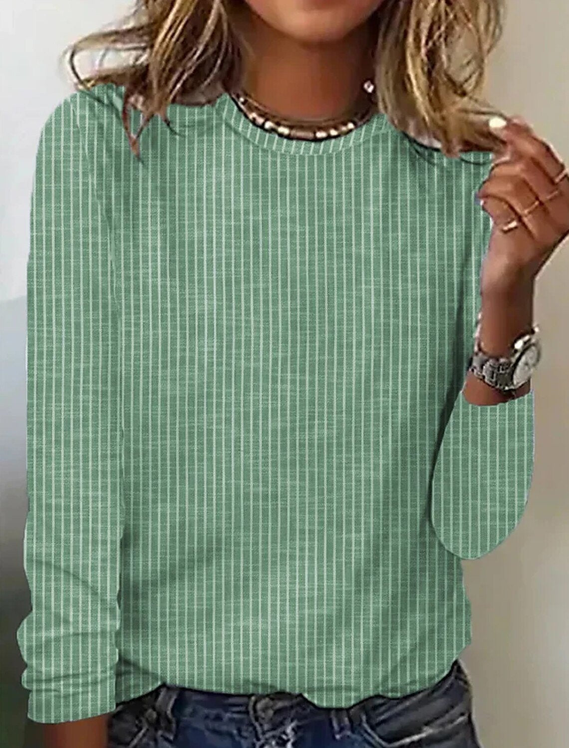 Casual Long Sleeve Crew Neck Striped Loose Regular Blouse