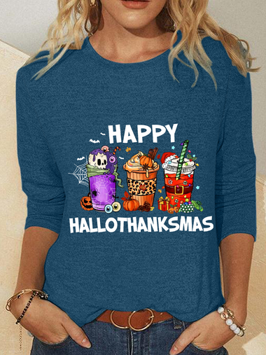 Casual Long Sleeve Crew Neck Christmas Loose Regular T-Shirt