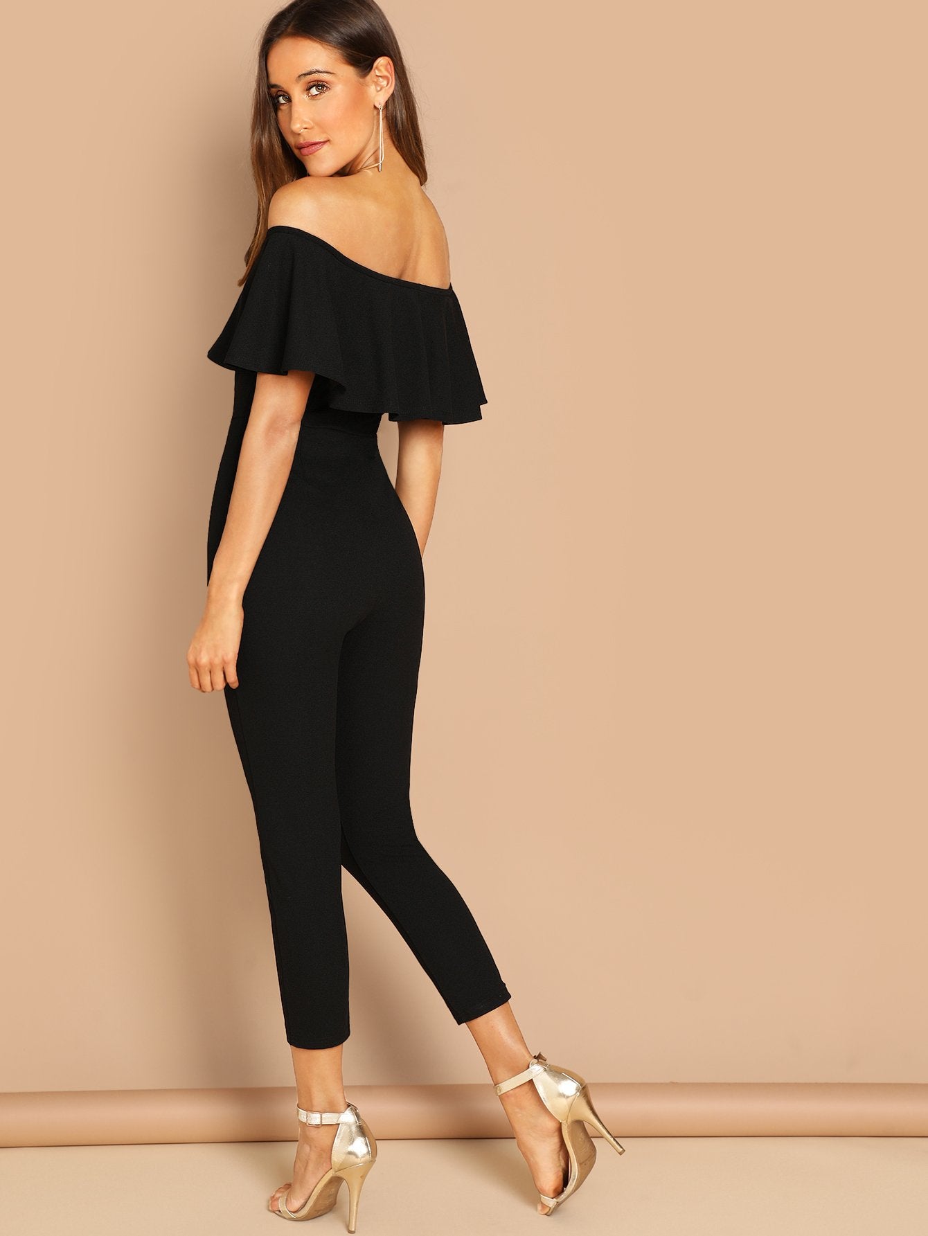 Flounce Foldover Front Off Shoulder Skinny Jumpsuit