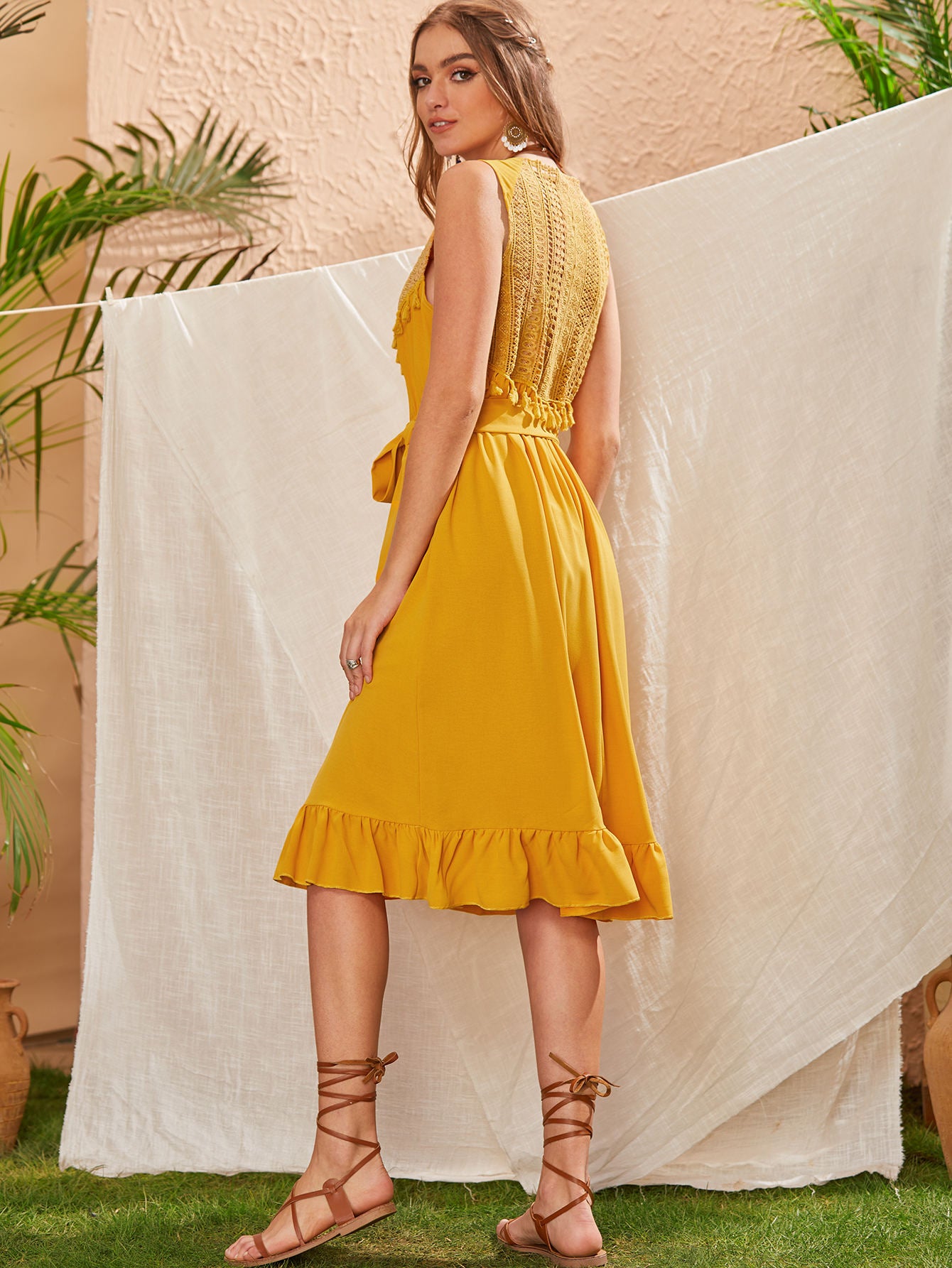 Lace Panel Ruffle Hem Belted Dress