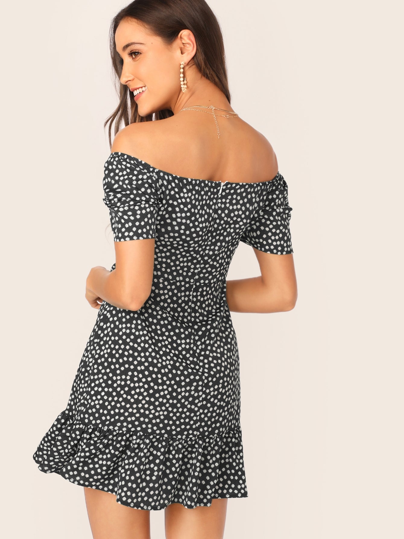 Off Shoulder Ruffle Hem Ditsy Floral Dress