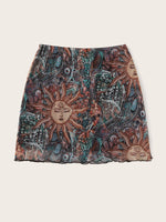 Abstract Print Lettuce Trim Mesh Skirt