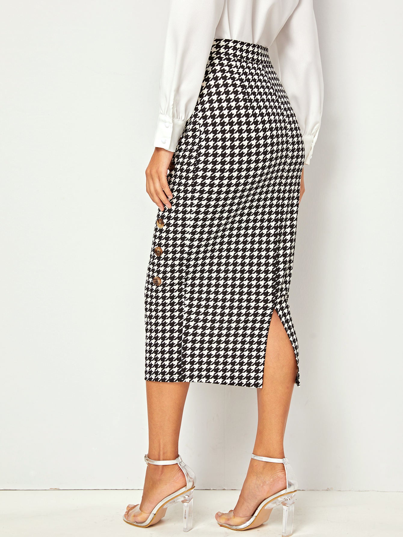 Wide Waistband Button Front Split Back Houndstooth Skirt