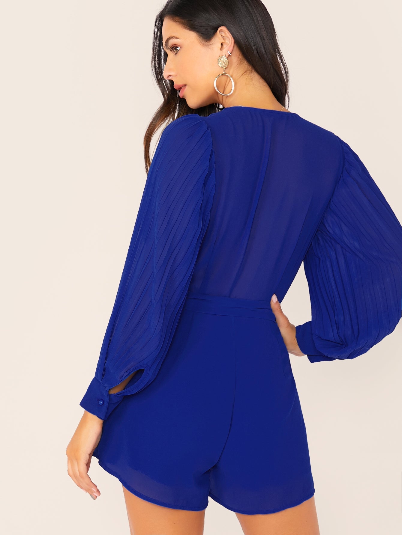 Plunge Neck Pleated Lantern Sleeve Self Belted Romper