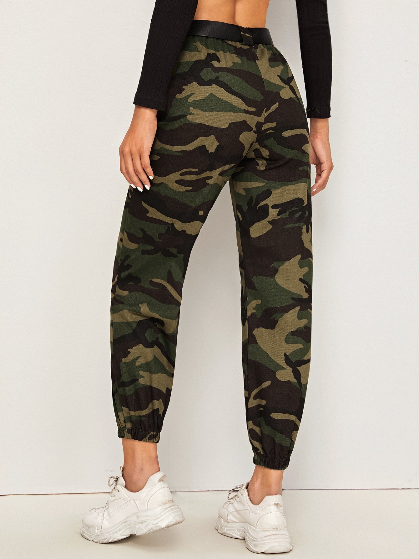 Camo Buckle Belted Slant Pockets Cargo Pants