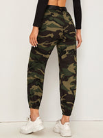 Camo Buckle Belted Slant Pockets Cargo Pants