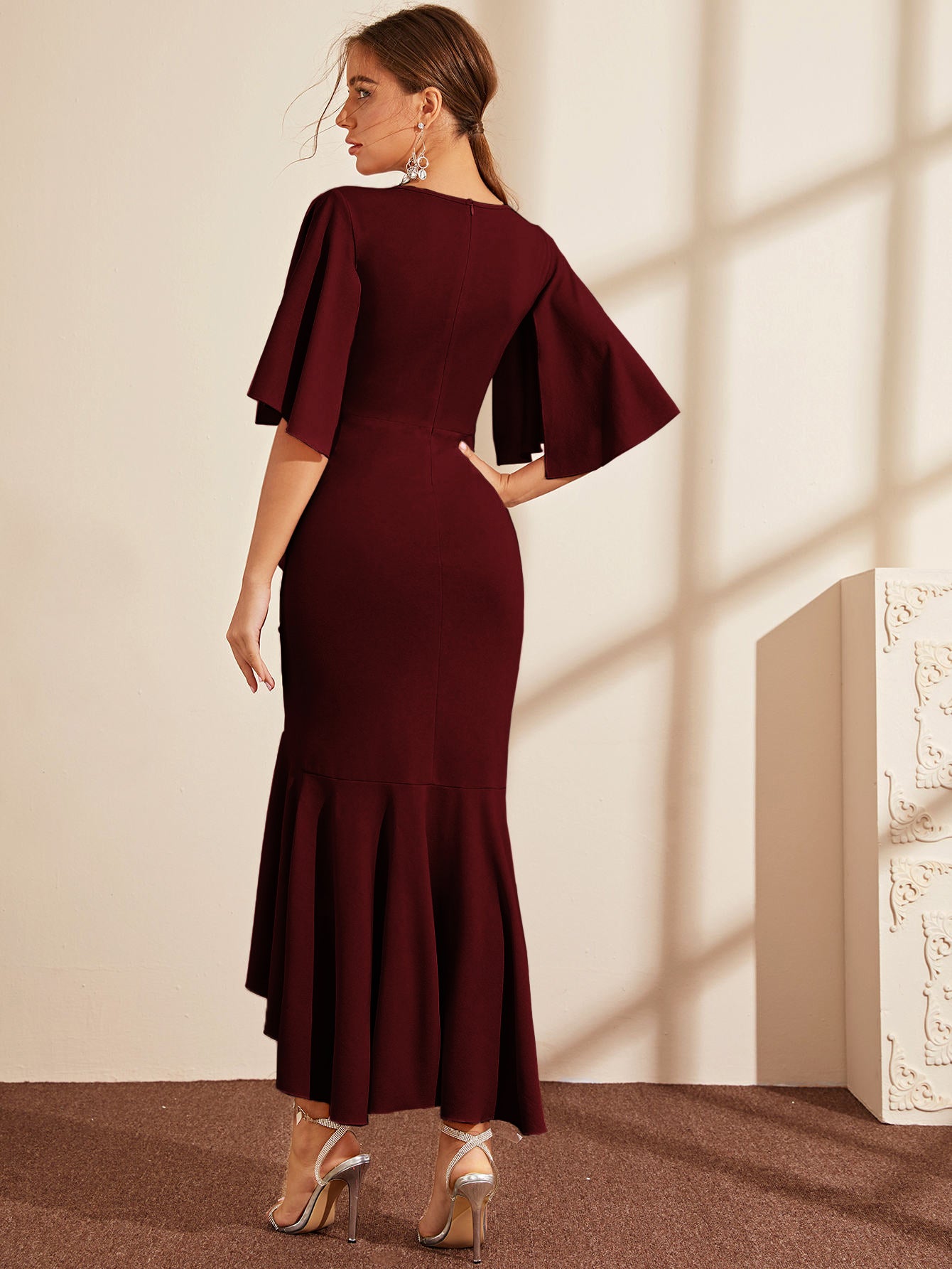 Cape Sleeve Ruffle Trim Asymmetrical Hem Wrap Dress