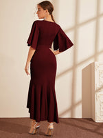 Cape Sleeve Ruffle Trim Asymmetrical Hem Wrap Dress