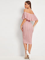 Off Shoulder Foldover Grid Dress