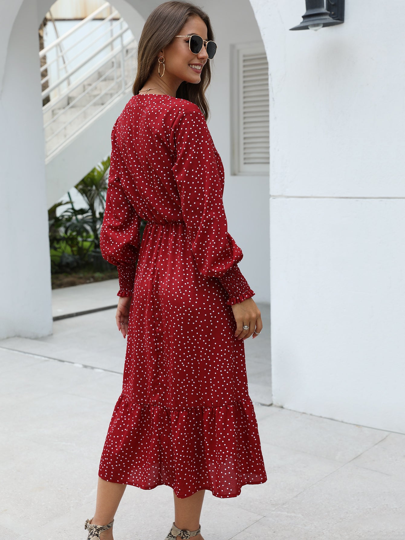 Polka Dot V-neck Ruffle Hem Dress