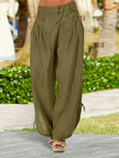 Casual Plain Buttoned Loose Long Pants