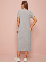 Striped Pocket Greek Fret Print Slit Side Tee Dress