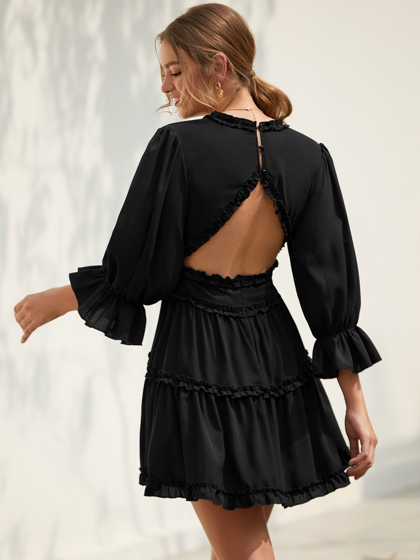 Open Back Frill Trim A-Line Dress