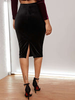 High Waist Split Hem Velvet Pencil Skirt