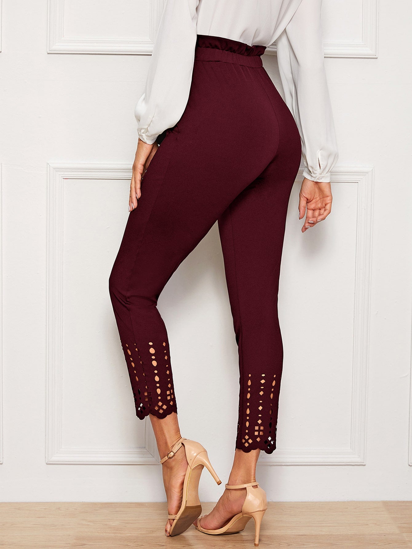 Paperbag Waist Scallop Edge Laser Cut Skinny Pants