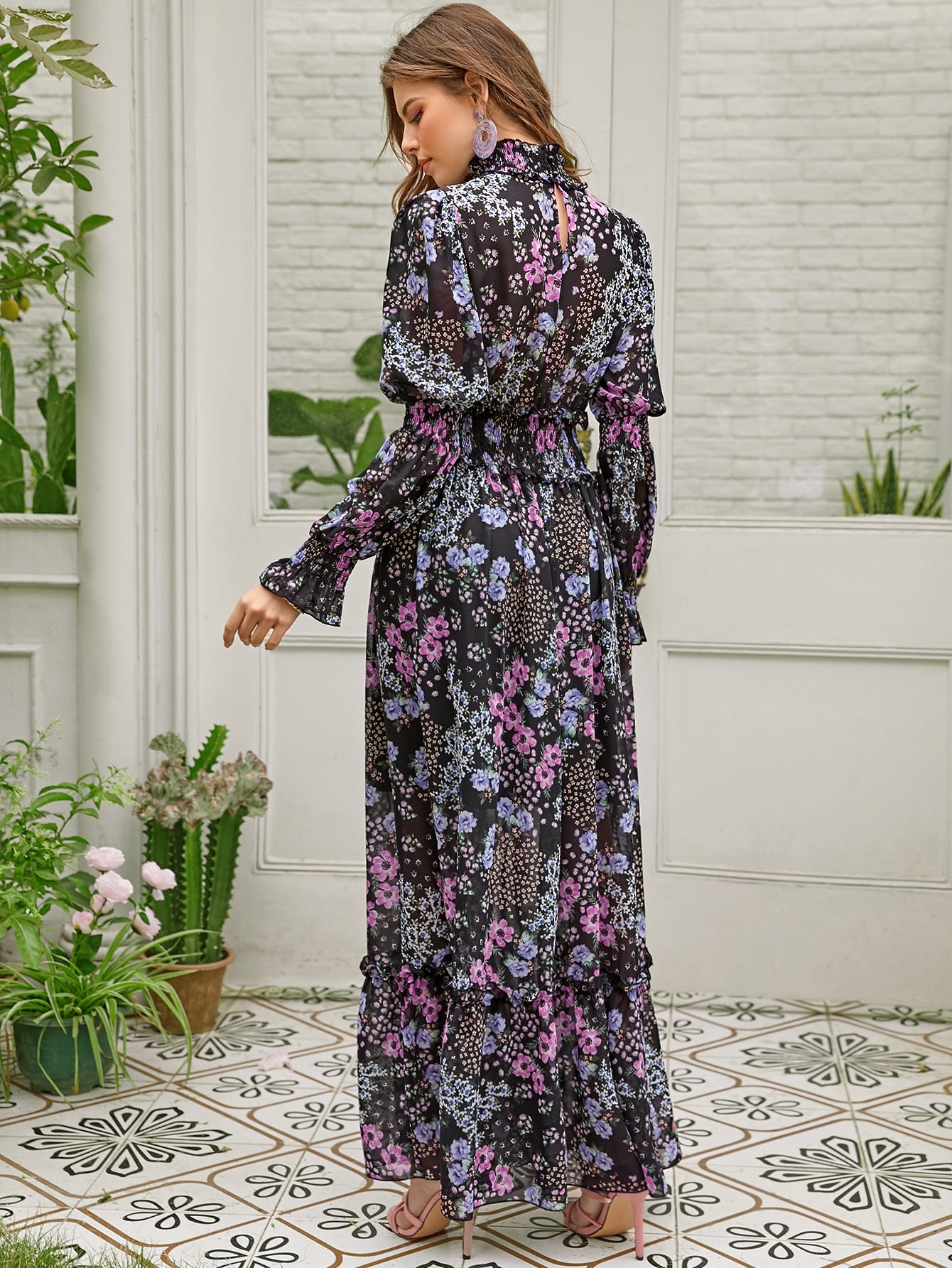 Shirred Neck & Waist Floral Dress