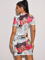 Newspaper & Pop Art Print Mock-neck Bodycon Dress