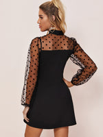 Tie Neck Polka-dot Flocked Mesh Sleeve Dress