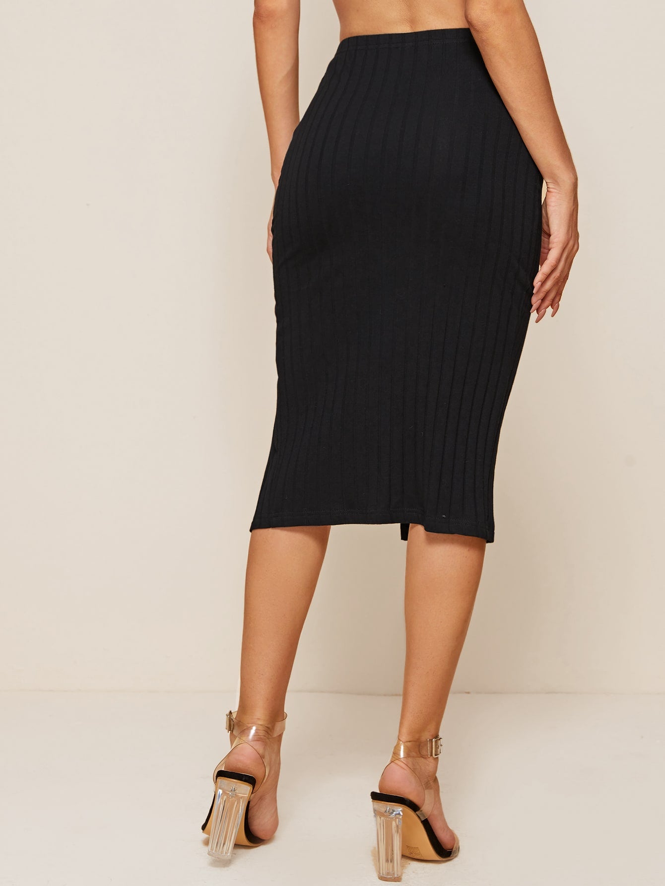 Split Thigh Rib-knit Pencil Skirt