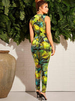 Plunging Neck Tropical Print Belted Jumpsuit