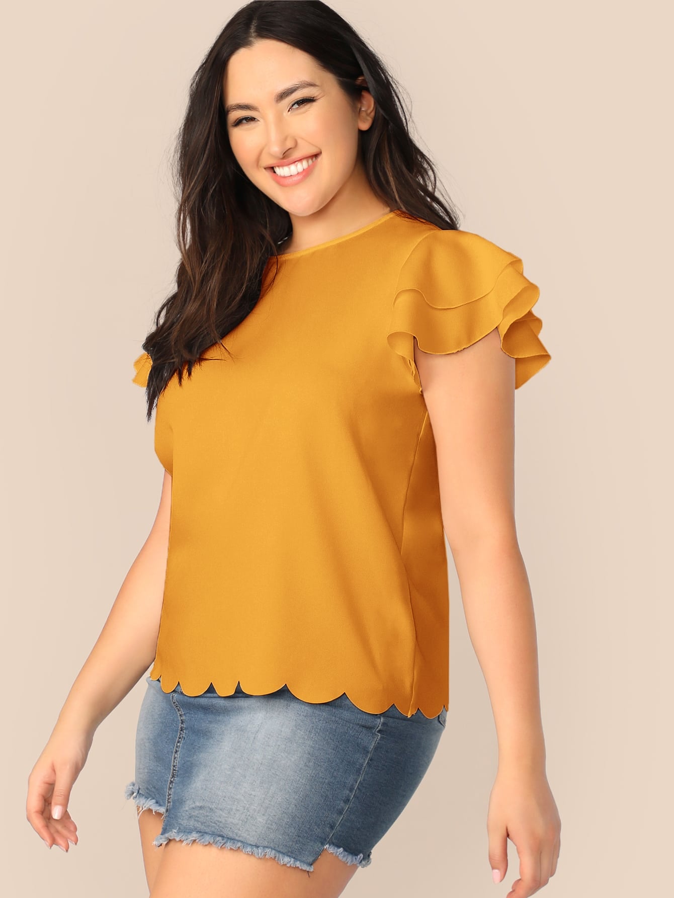 Plus Layered Flutter Sleeve Scallop Trim Top